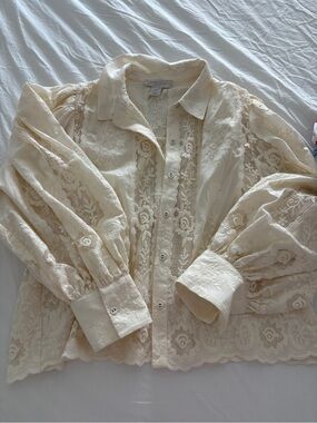 Caroline Constas Cream Lace Button-Down Blouse